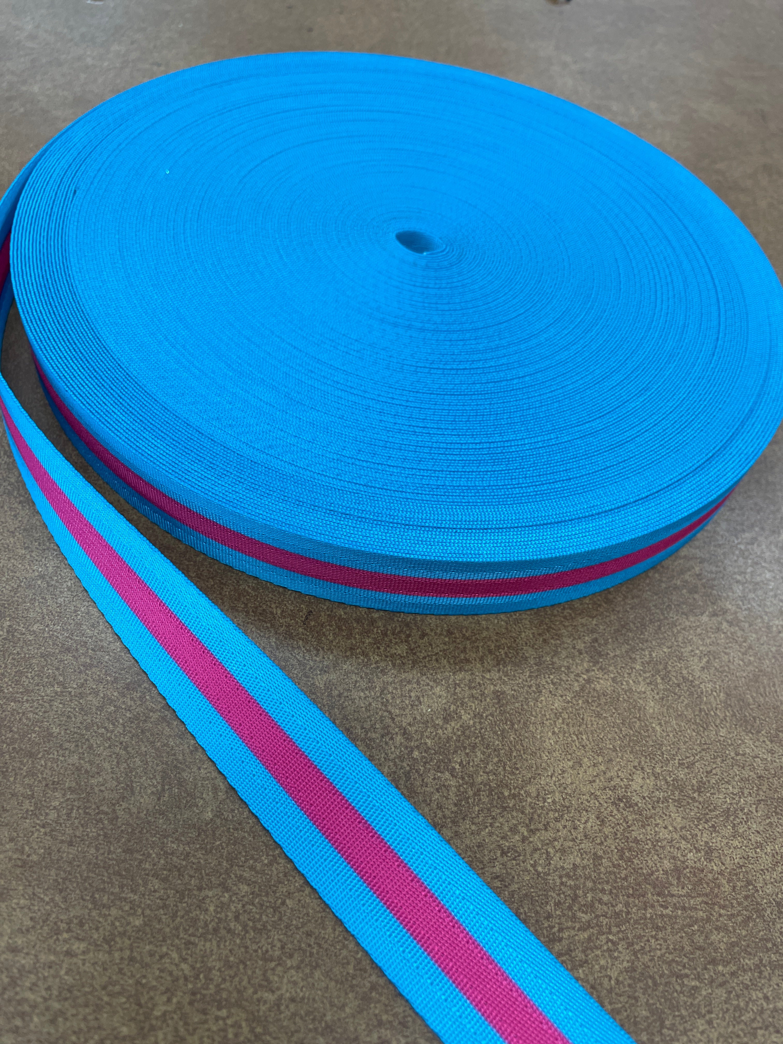 Blue webbing with pink strip 1”