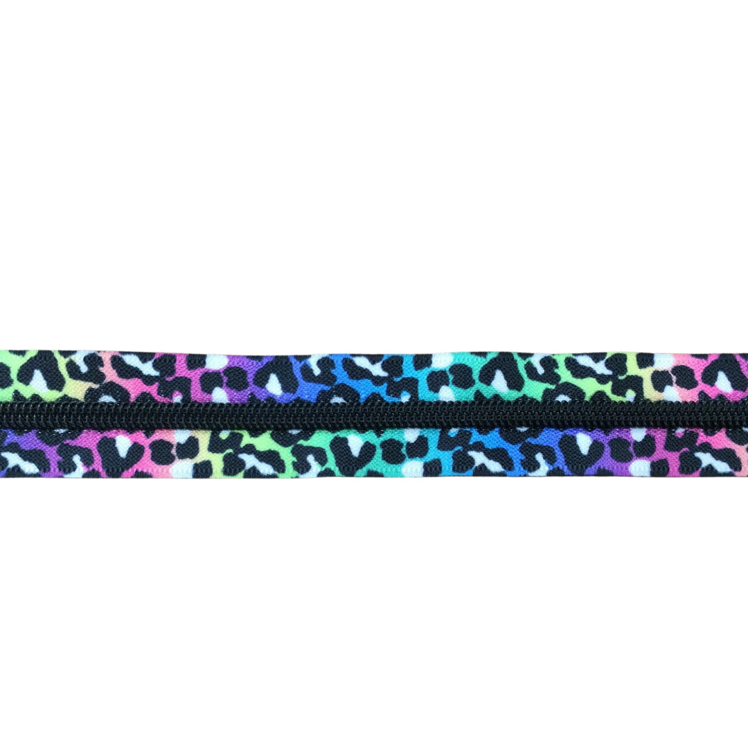 Rainbow Leopard Print #5 ZIPPER TAPE BY THE YARD | Black