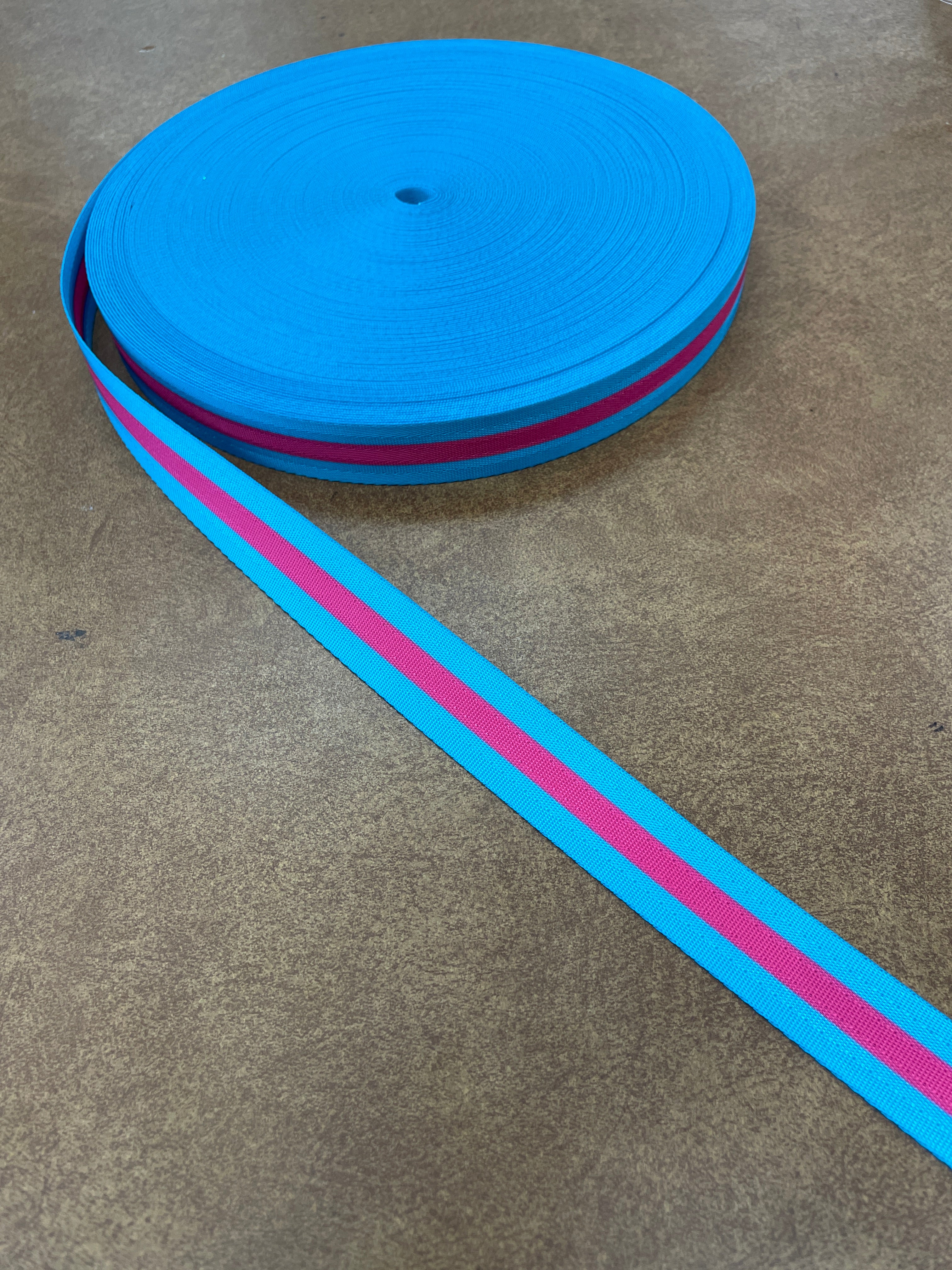Blue webbing with pink strip 1”