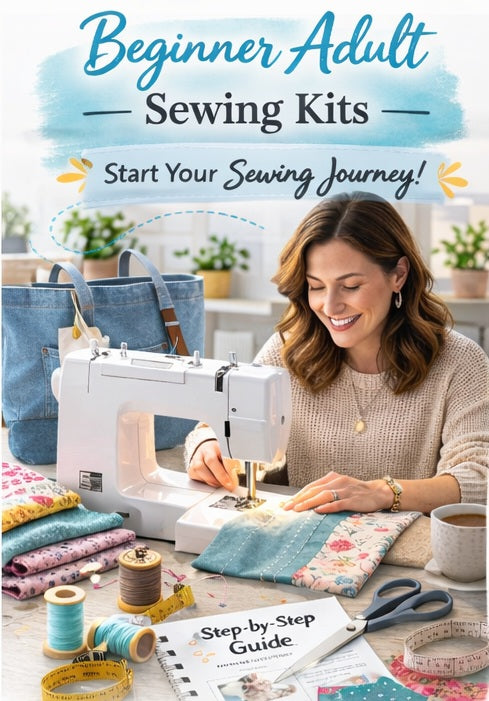 Woman using a sewing machine with text 'Beginner Adult Sewing Kits' and 'Start Your Sewing Journey!' on a blue watercolor background.